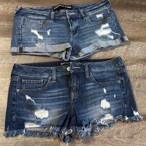 Express Women's Distressed Denim Shorts - Dark and Medium Blue